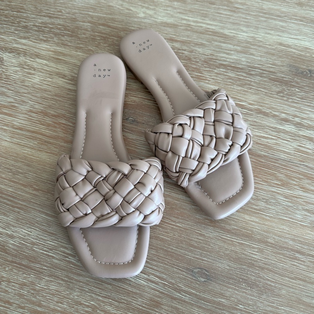 A New Day Woven Beige Faux Leather Slides Sandals